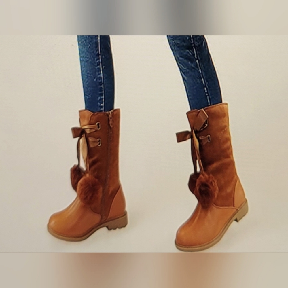 NIB COUTGO BOOTS MIDCALF LUG SOLE  SIDE ZIPPER BOW KNOT POM POM GIRLS SI…